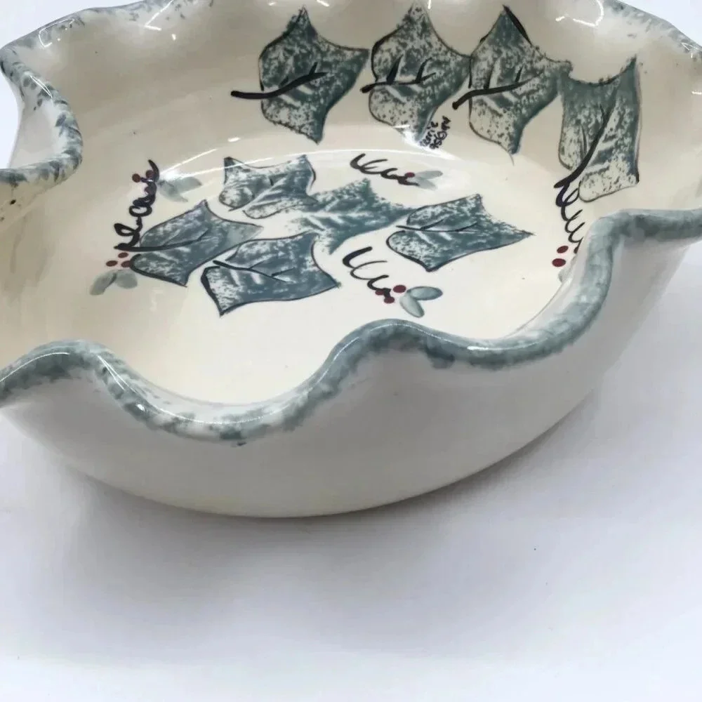 Vintage Abstract Studio Ceramic Ivy Holly Serving Bowl Artist Signed Green Red